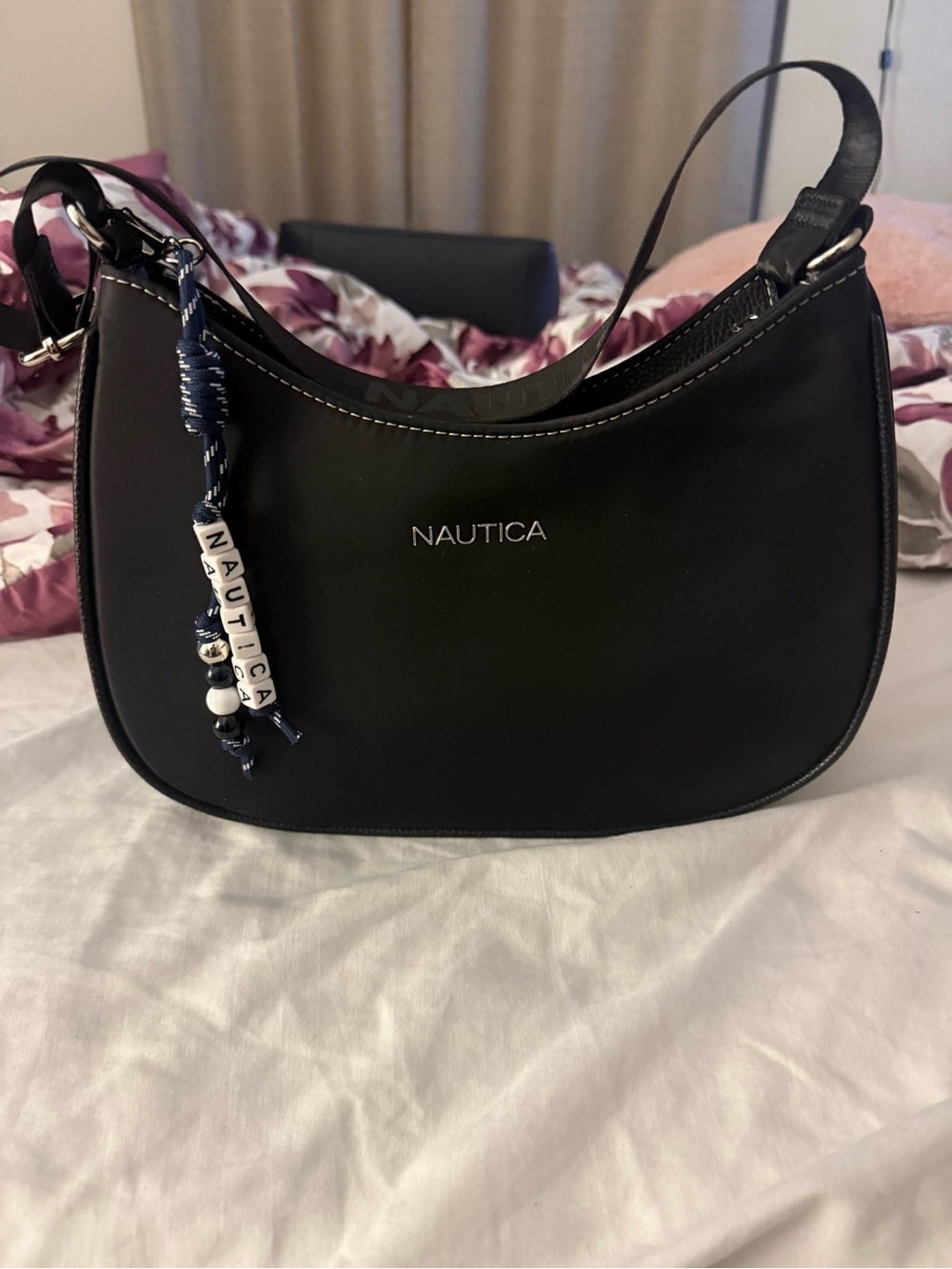 Nautica Black Crescent Shoulder Bag with Bead Charm